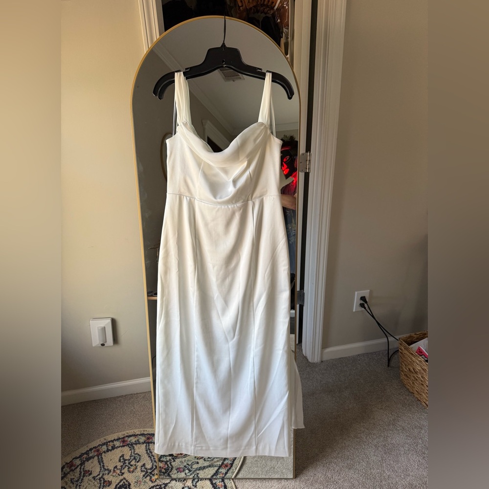 NWT BHLDN Off-The-Shoulder Lace-Up Satin Column Midi Dress - Picture 6 of 8